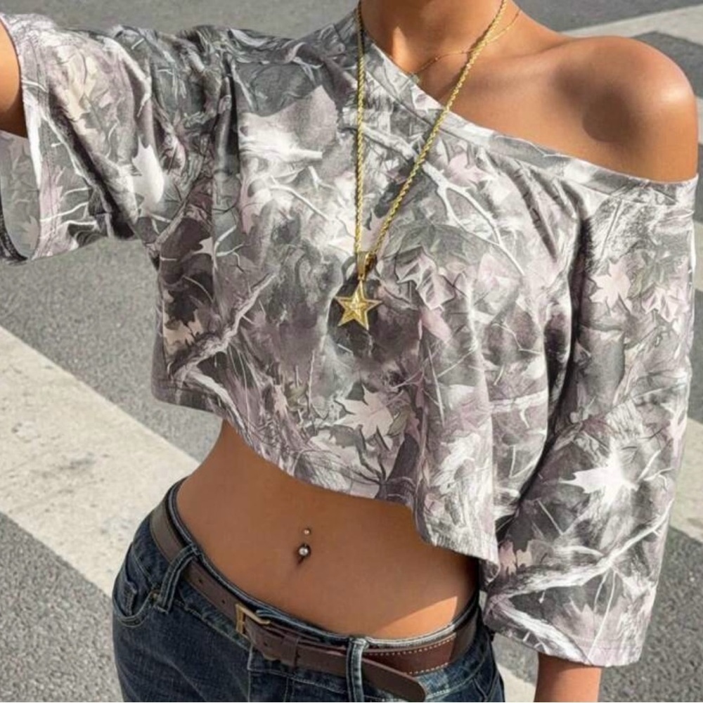 Gray and White Asymmetrical Crop Top with 3/4 Sleeves